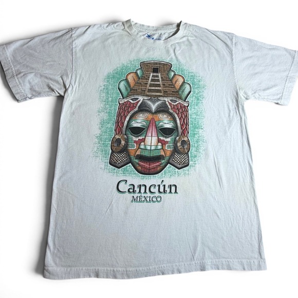 Other - Cancun Mexico Mayan Mask Pyramid Graphic T-Shirt White Mens Large Souvenir Tee